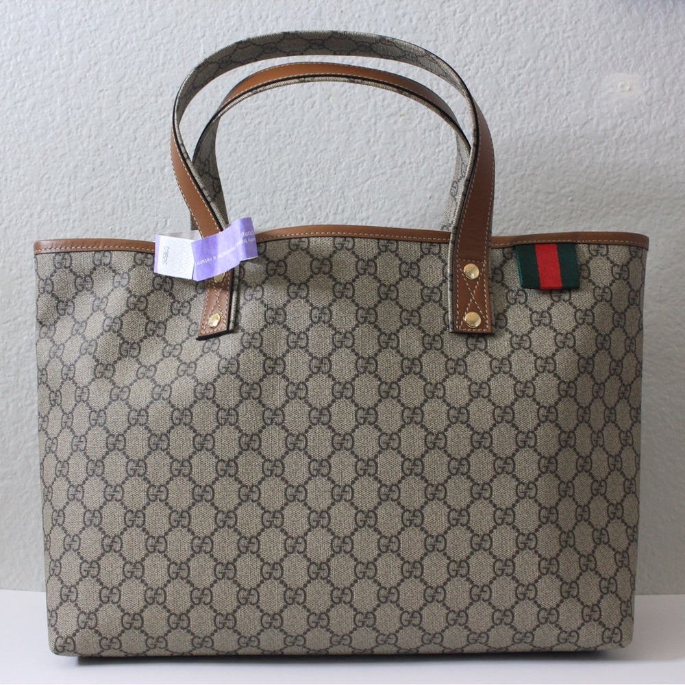 GUCCI Supreme Web Loop Tote GG Coated Canvas Medium Brown